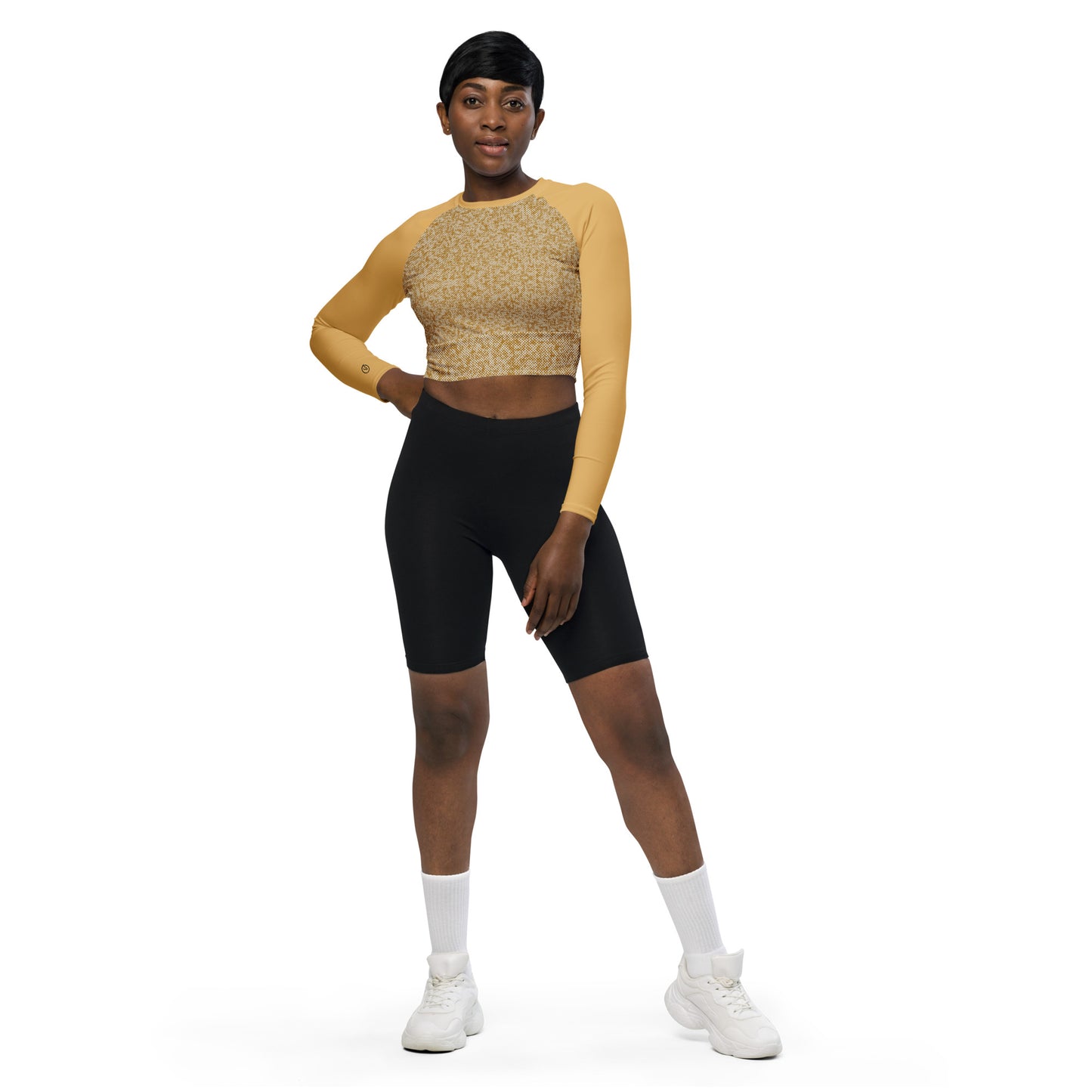 Humble Sportswear women's patterned beige cropped long sleeve compression top