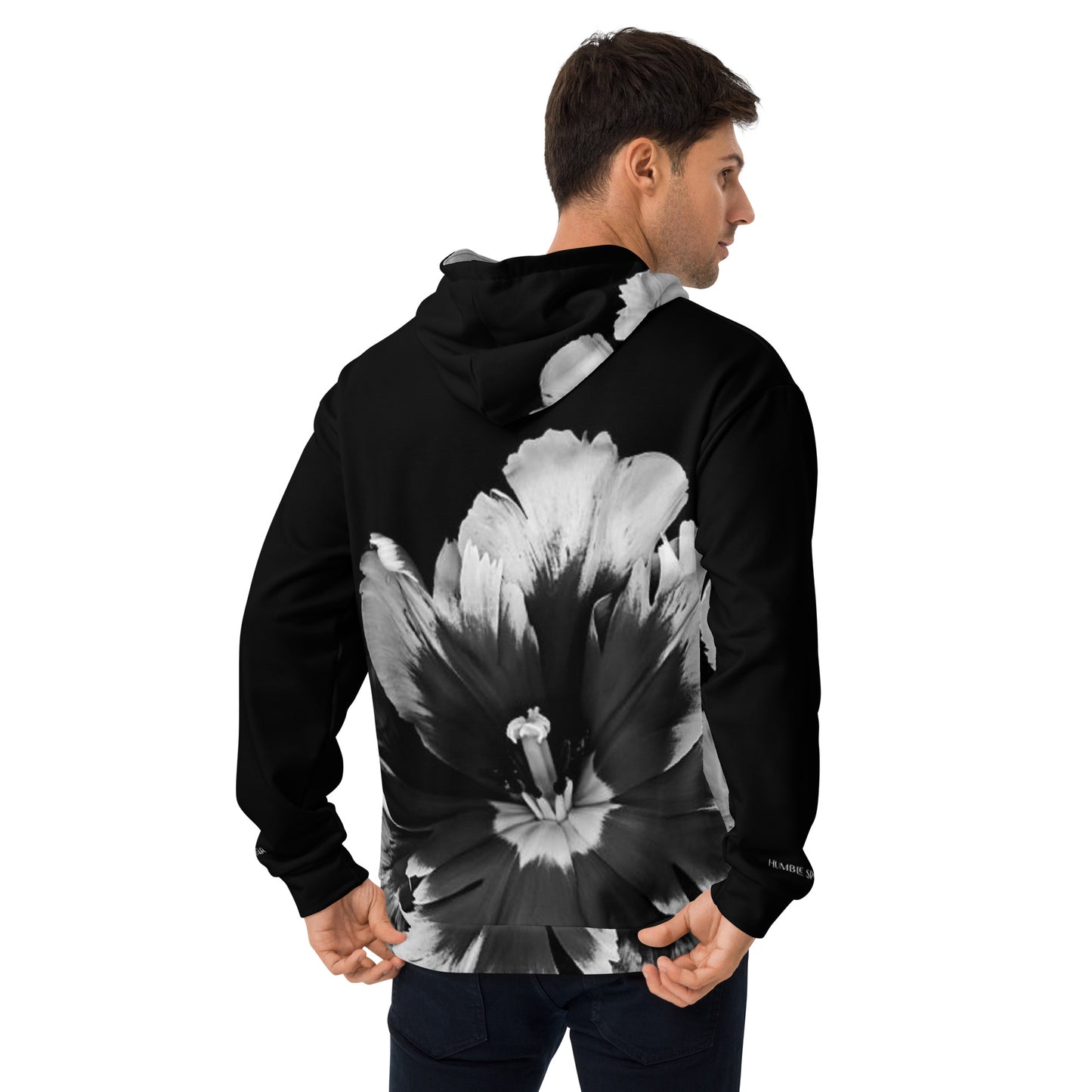 Humble Sportswear, men's black floral pullover hoodie with kangaroo pockets 