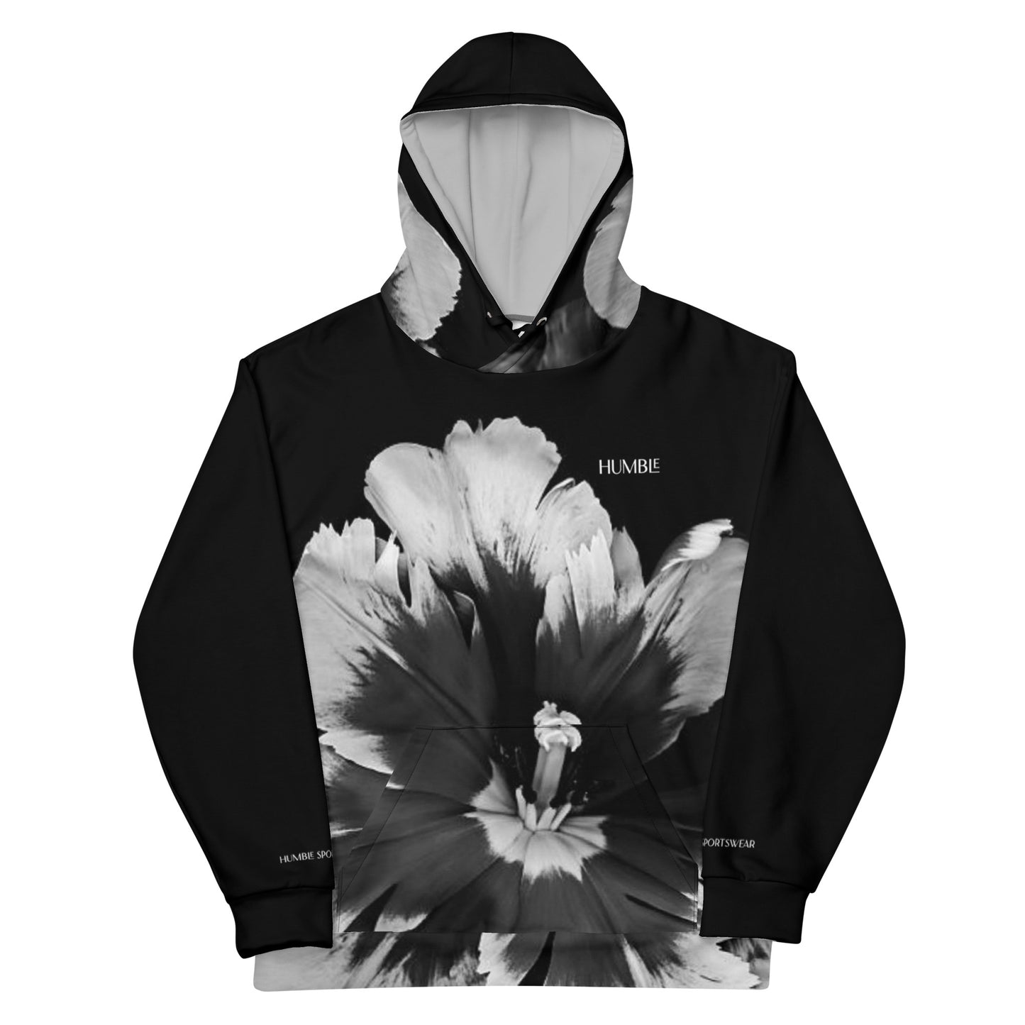 Humble Sportswear, men's black floral pullover hoodie with kangaroo pockets 