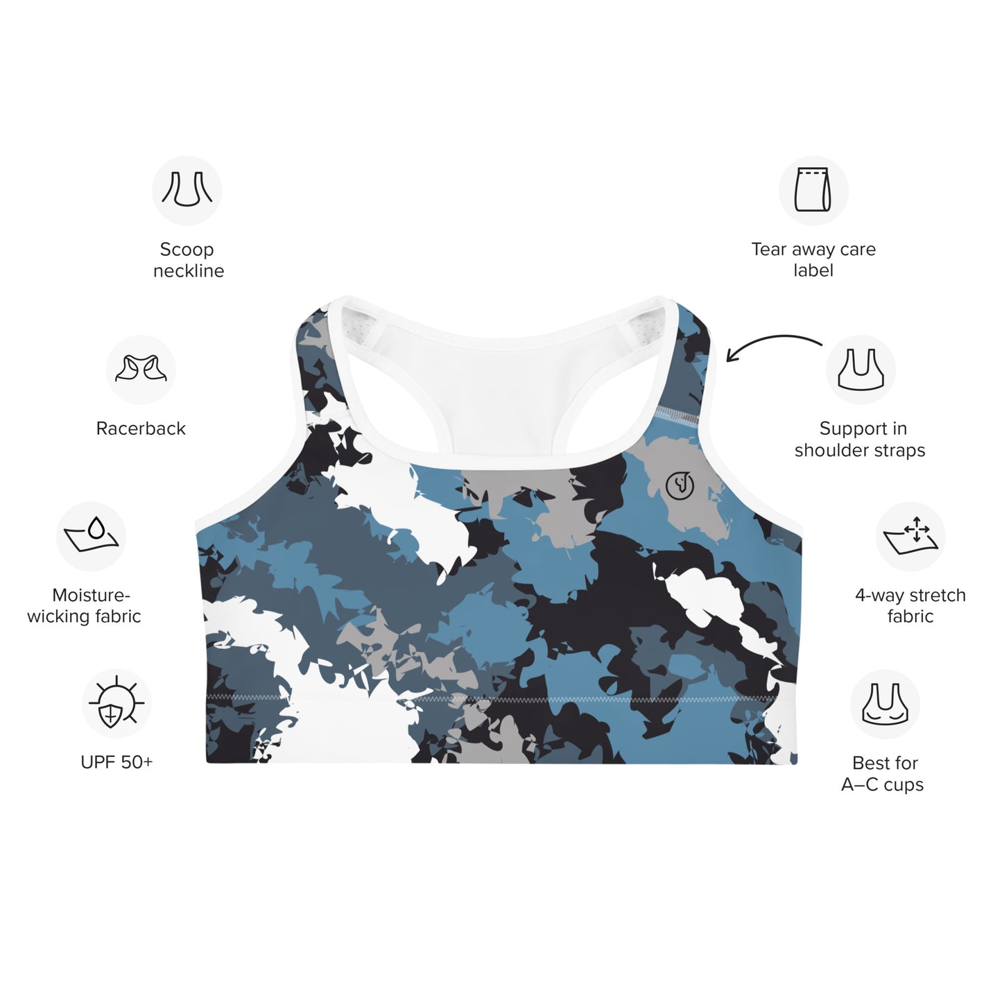 Humble Sportswear, women's blue camo dri fit moisture-wicking sports bra