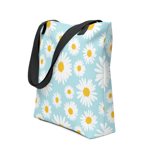 Mireille Fine Art, all-over print daisy flower blue tote back with interior zip, dual handles tote bag 