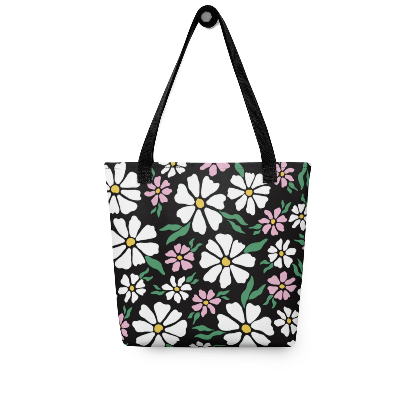 Floral tote bag, tote bag with interior zipper and dual handles, black floral print 