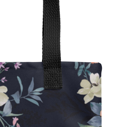 Mireille Fine Art, floral all-over print dual handle tote bag with interior zipper, navy floral print 