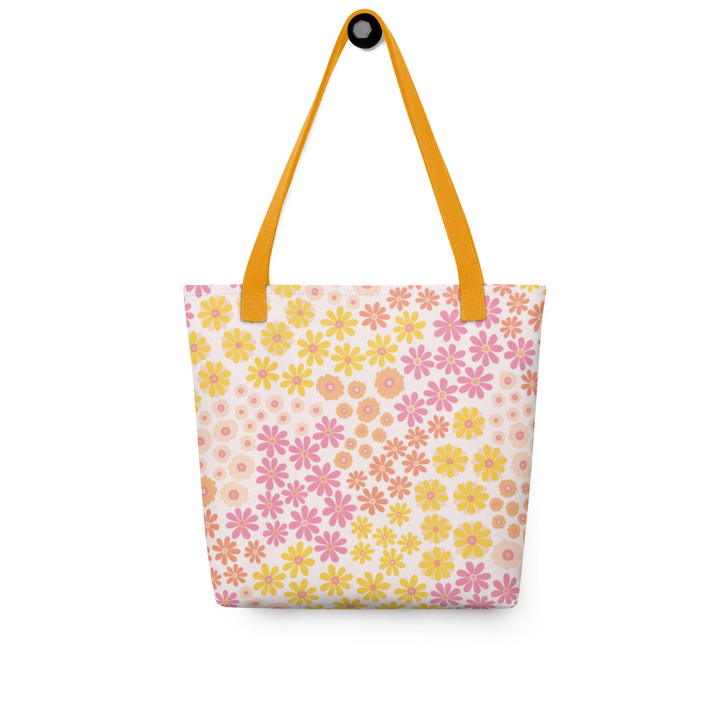 Mireille Fine Art, floral all-over print tote back with dual yellow handles, interior zipper tote bag
