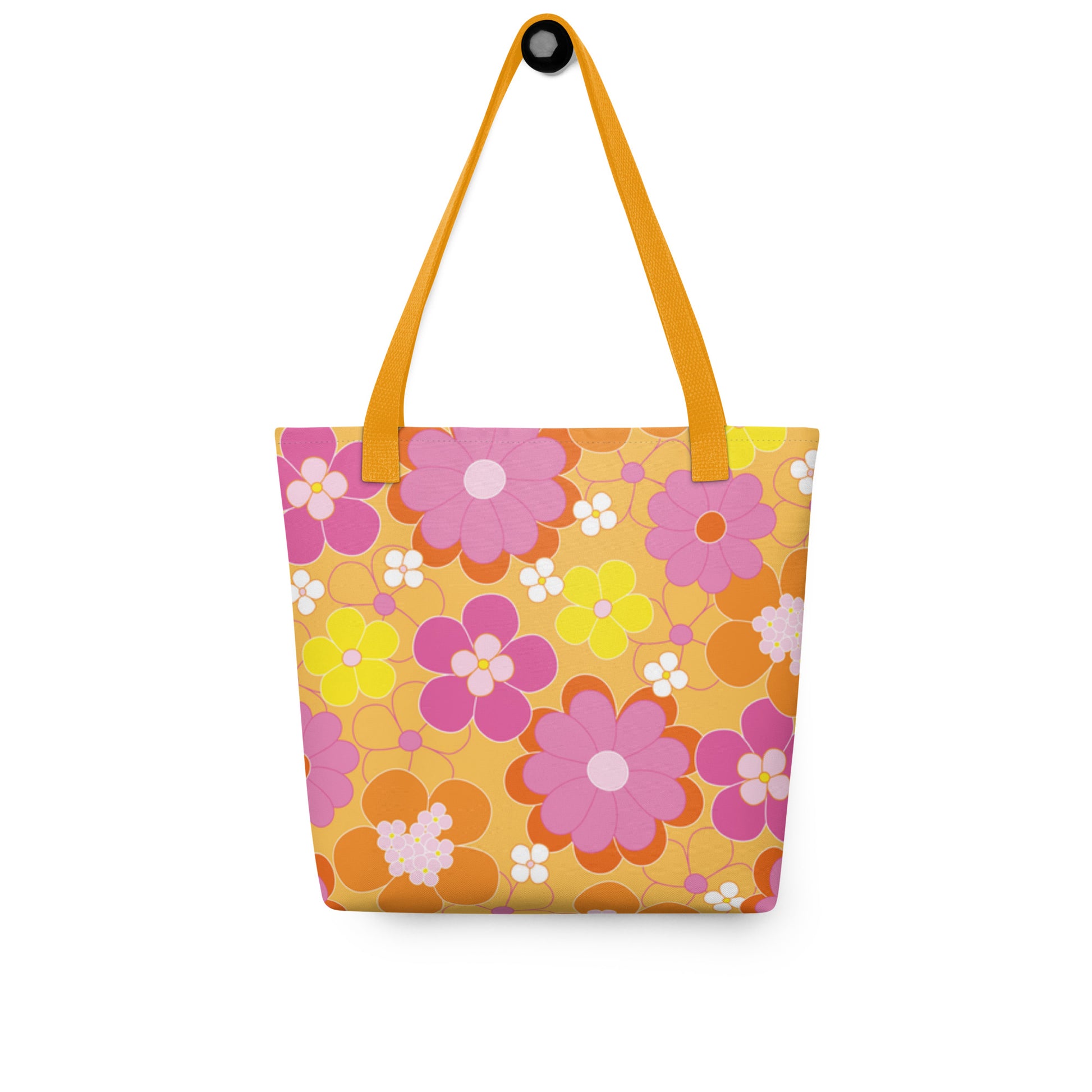 Mireille Fine Art, groovy floral all-over print tote bag with dual handles, interior zipper tote bag 