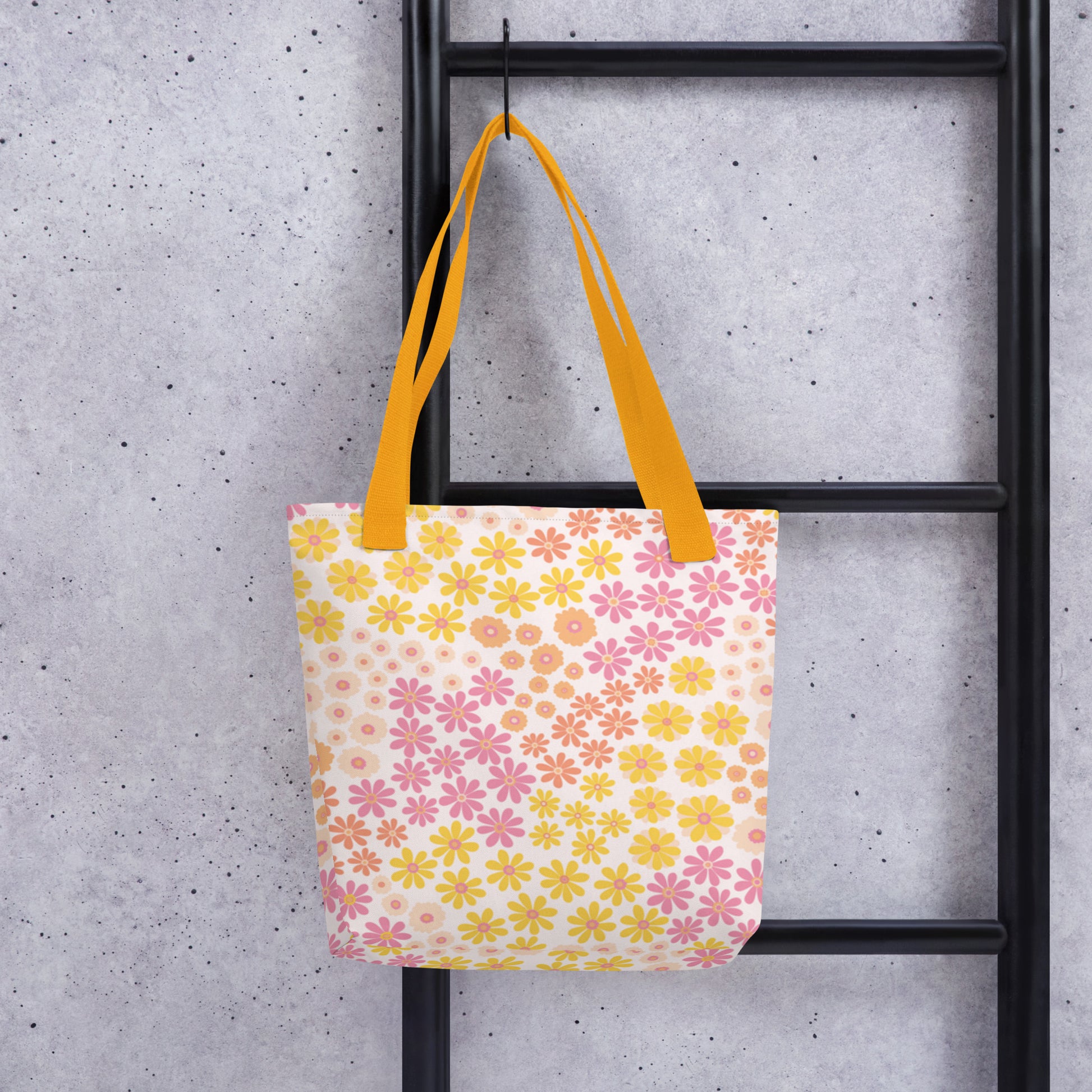 Mireille Fine Art, floral all-over print tote back with dual yellow handles, interior zipper tote bag