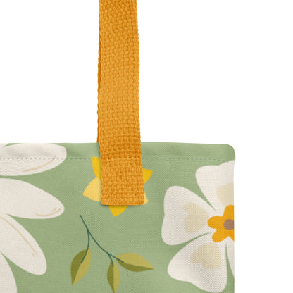 Mireille Fine Art, floral green tote bag with sunflowers print 