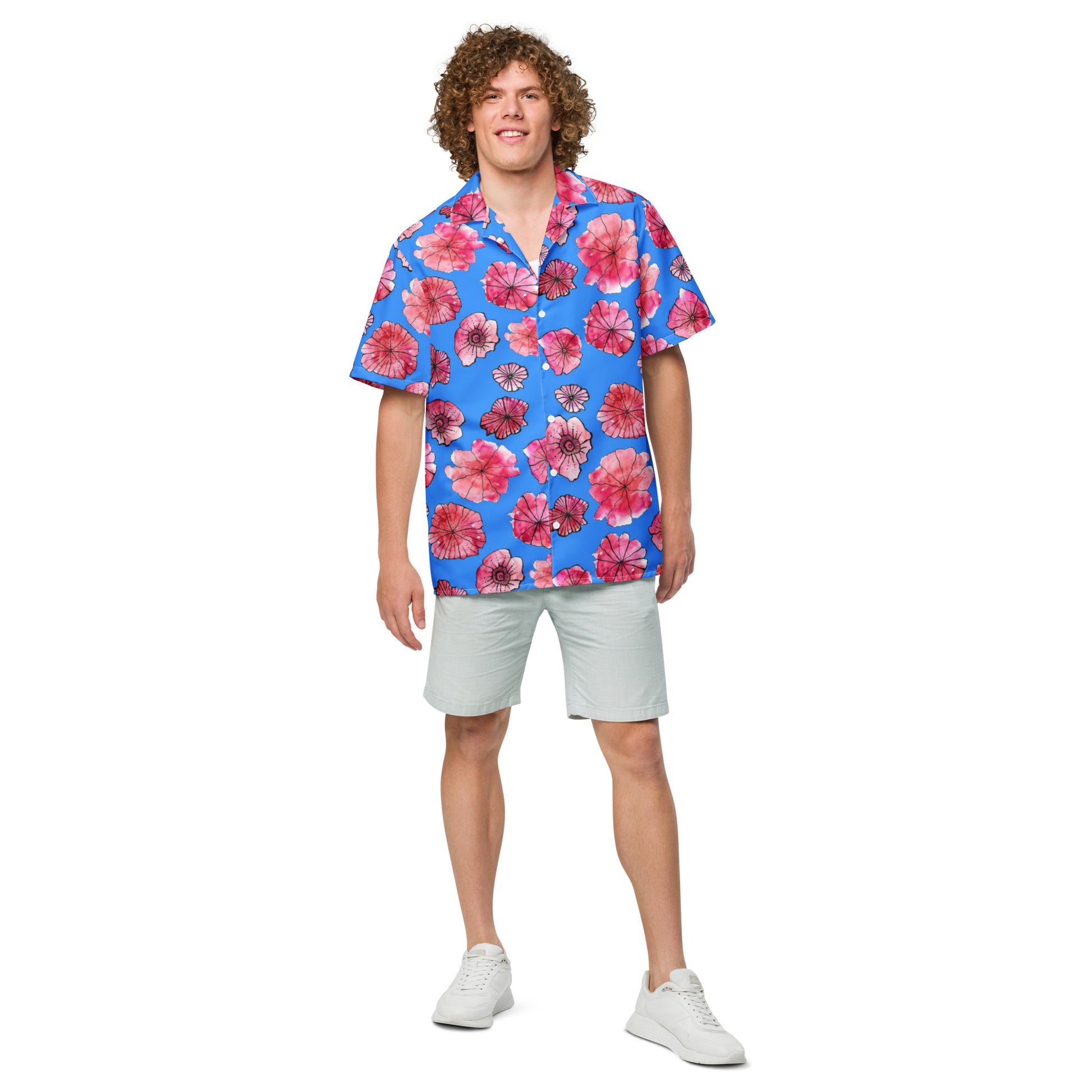 Humble Sportswear, men's blue floral lightweight button beach button shirt