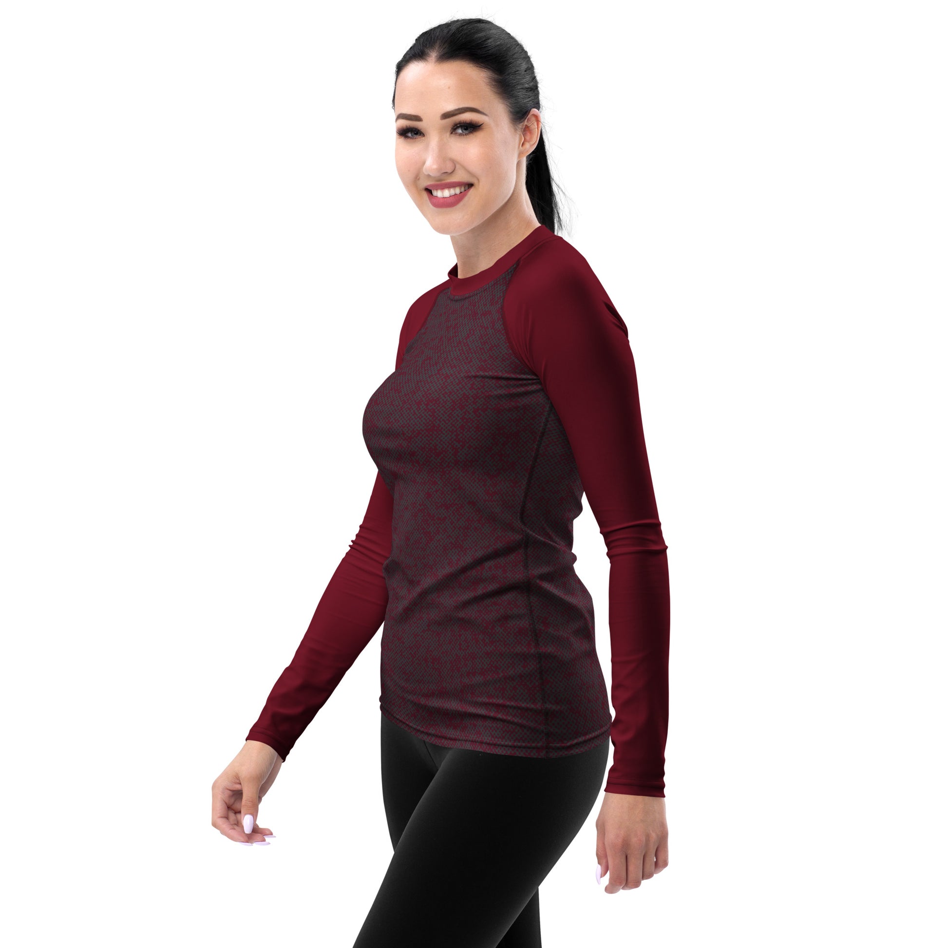 Humble Sportswear women’s long sleeve burgundy all over print color match rash guard