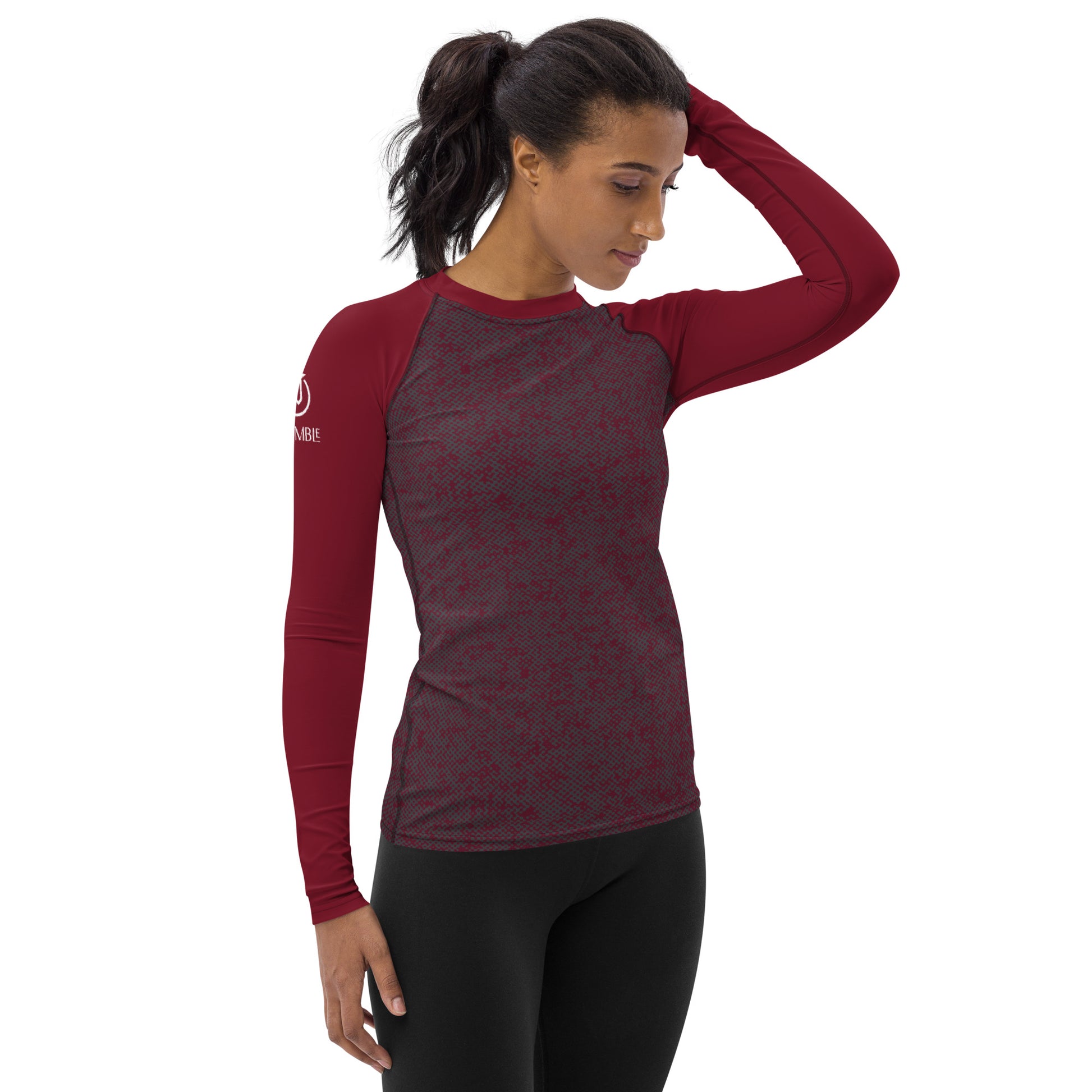 Humble Sportswear women’s long sleeve burgundy all over print color match rash guard