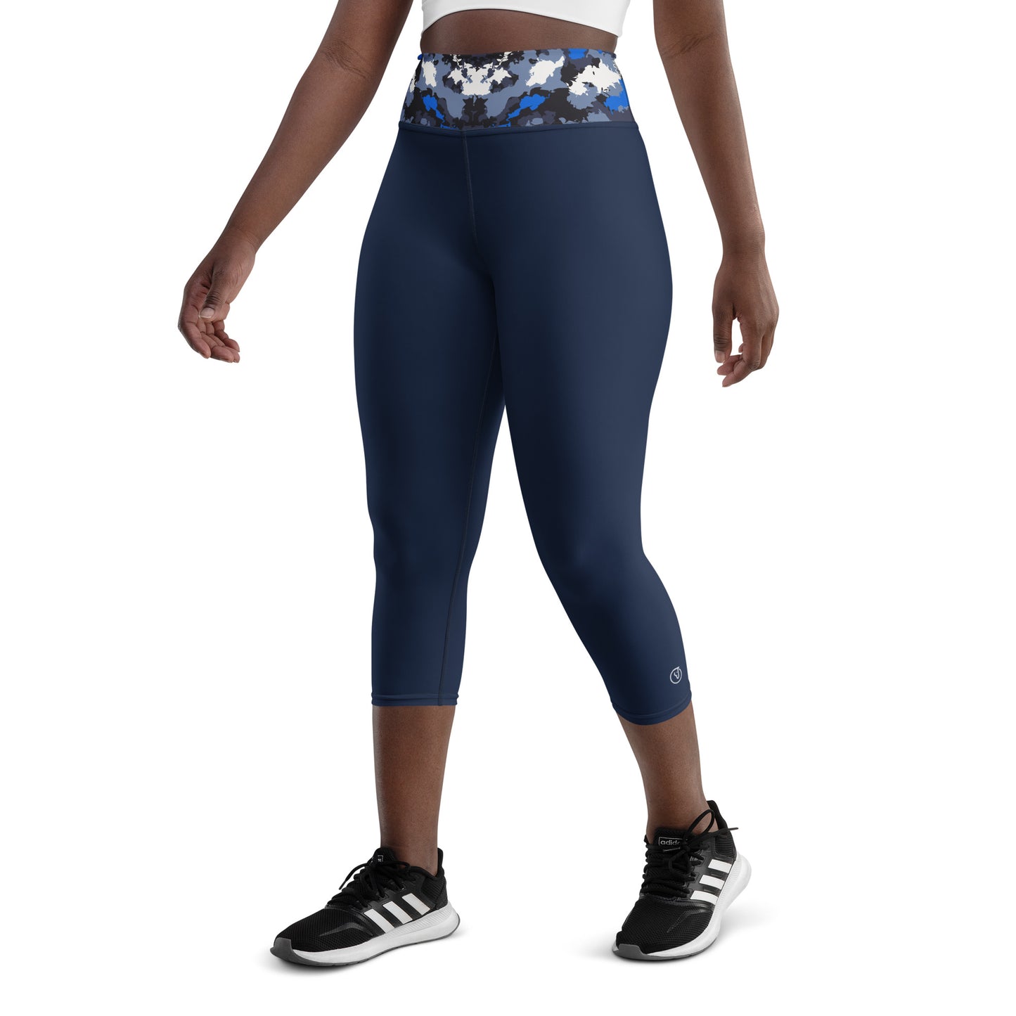 women's navy blue high waist capri leggings left front