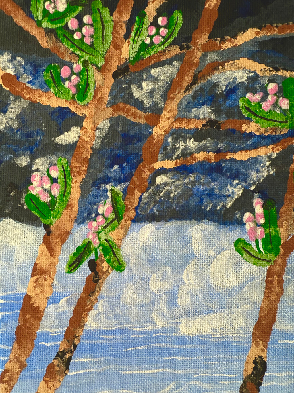 textured acrylic alpine spring landscape with natural organic branches