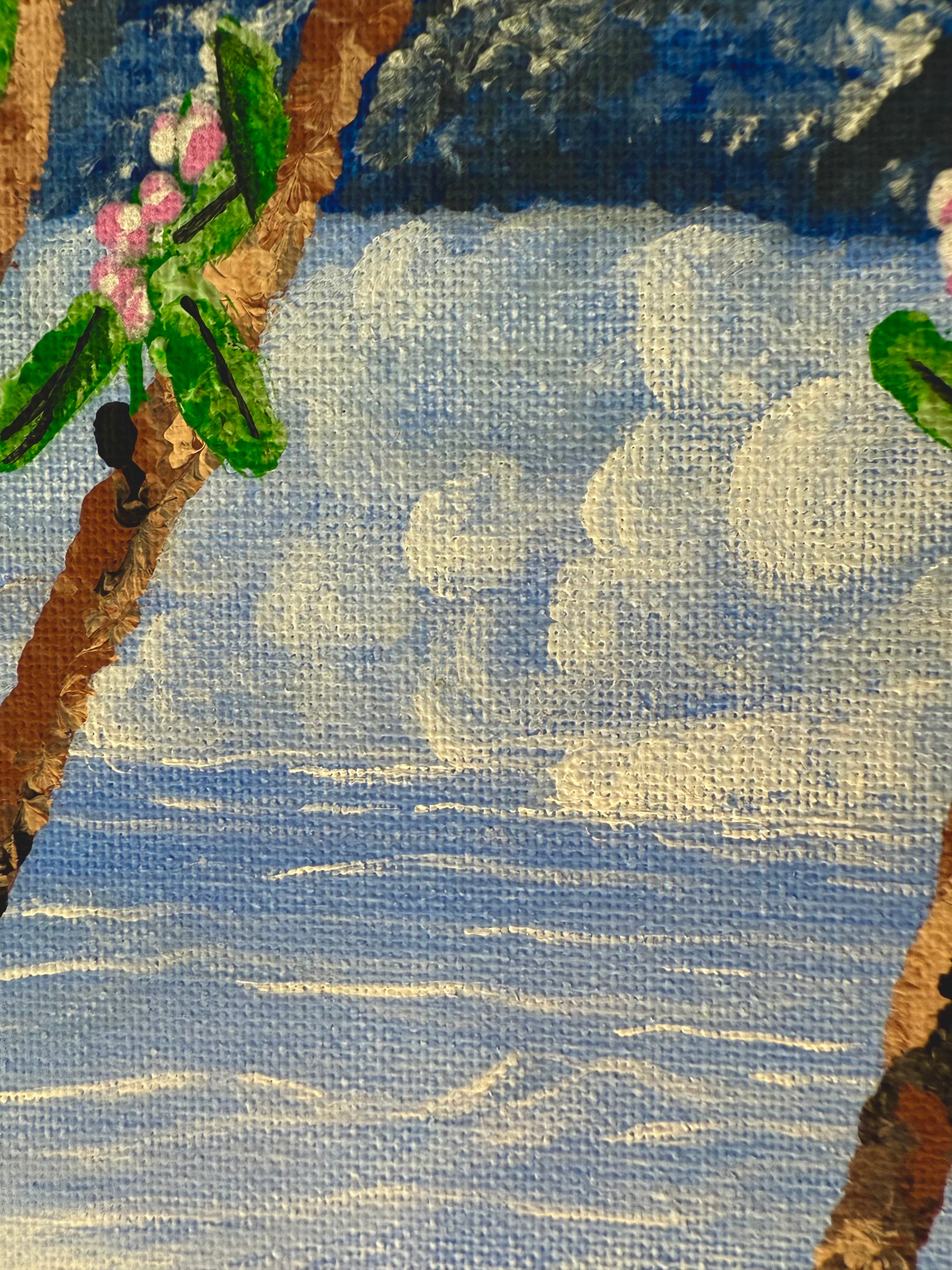 close-up of fog on original alpine spring branches painting with soft mountain botanical details