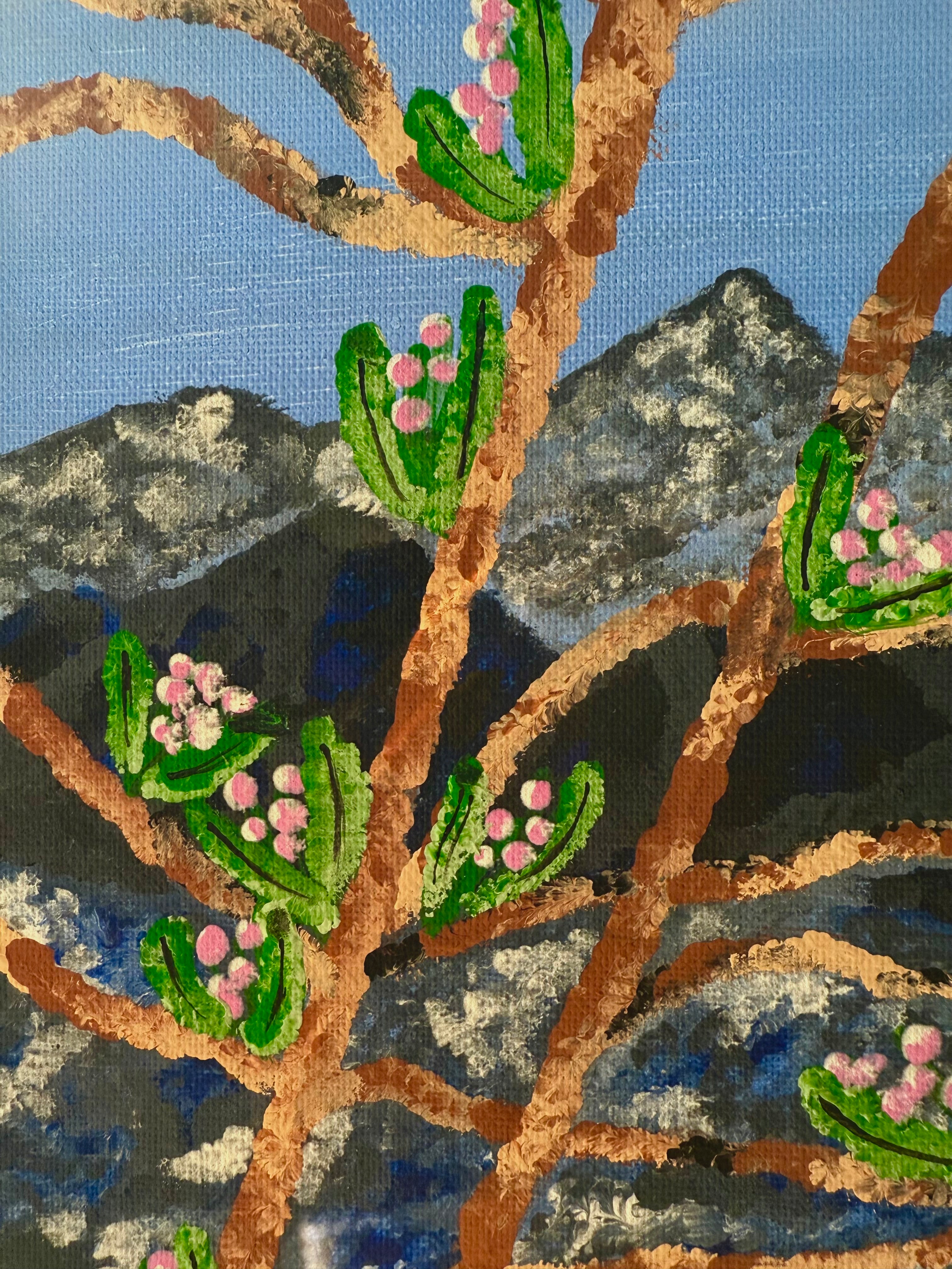 hand painted nature wall art featuring delicate spring branches in alpine landscape 