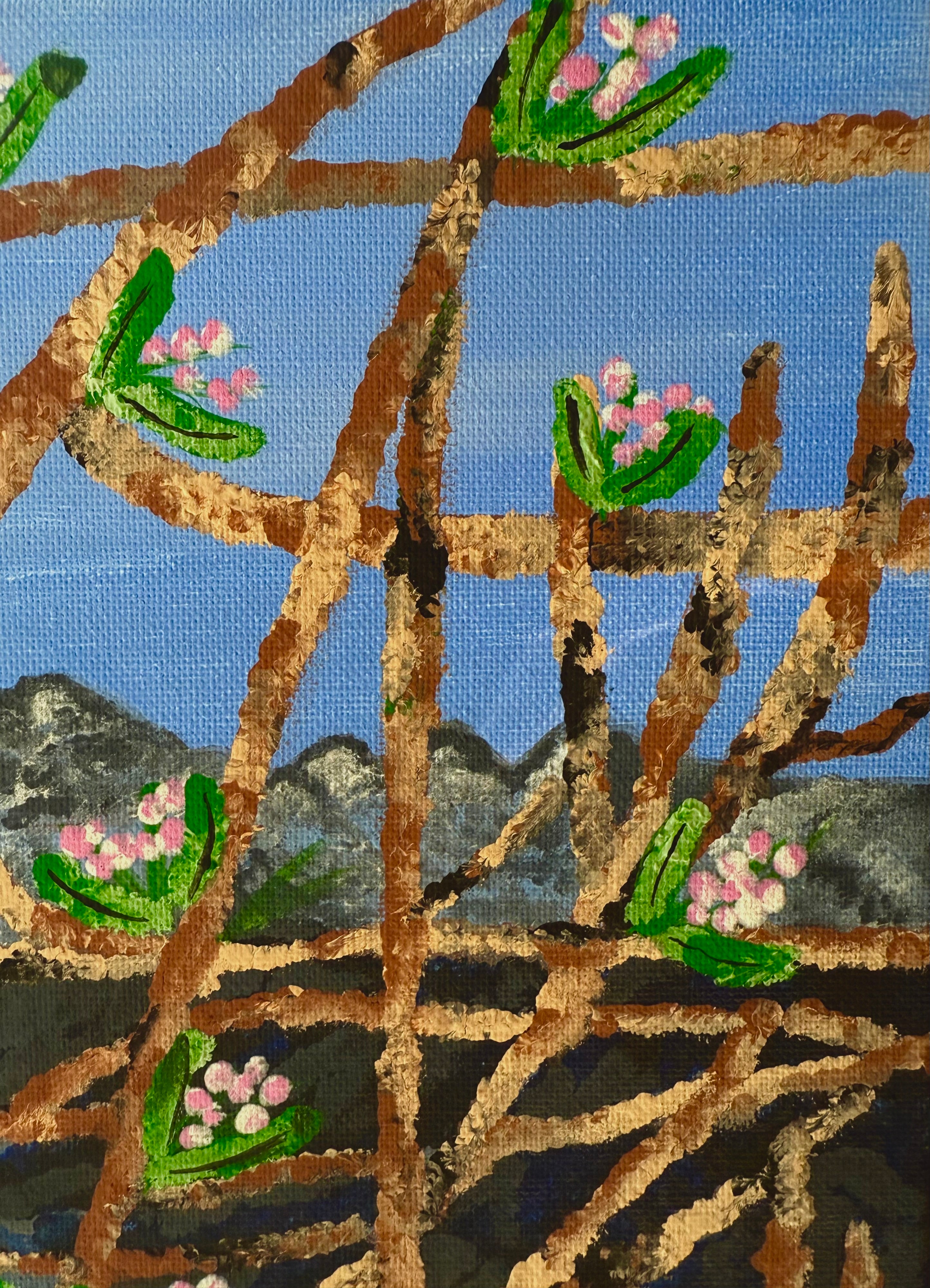 close-up of textured botanical artwork inspired by mountain spring scenery