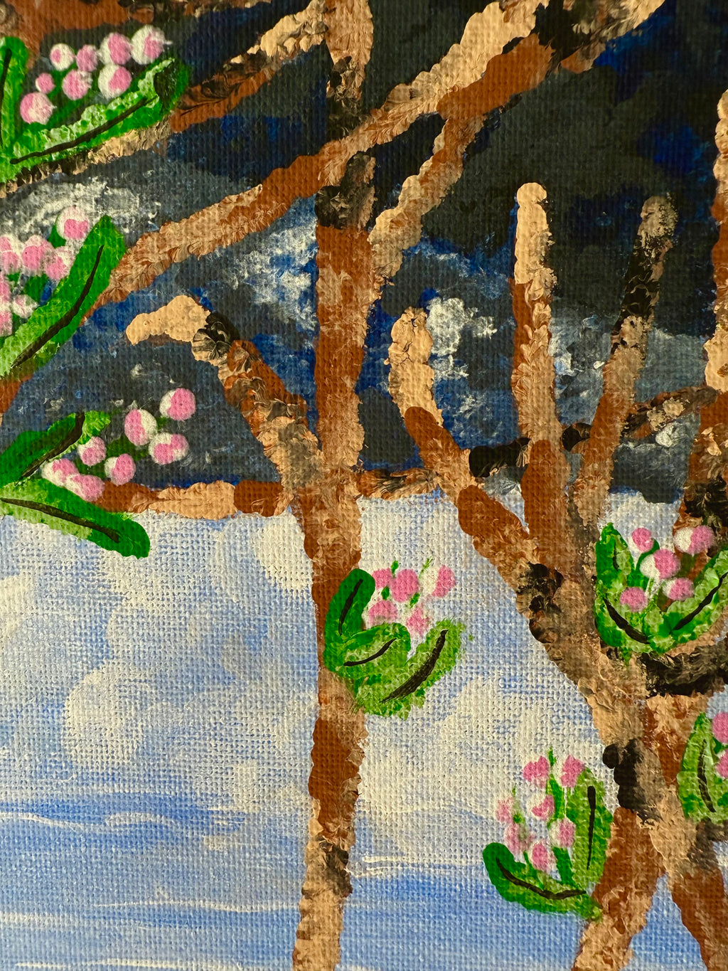 modern original landscape painting with organic branch and alpine tones 