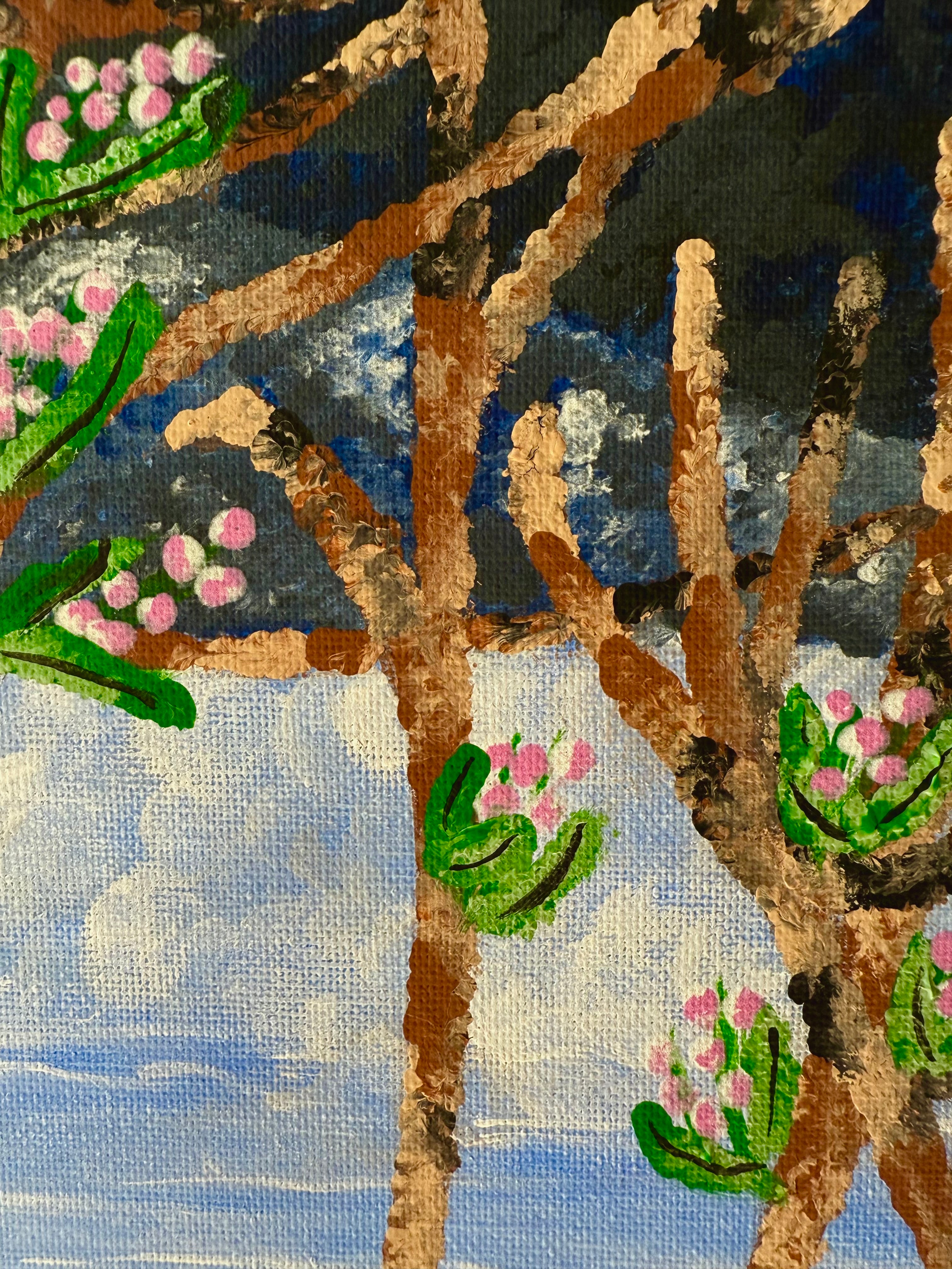 modern original landscape painting with organic branch and alpine tones 