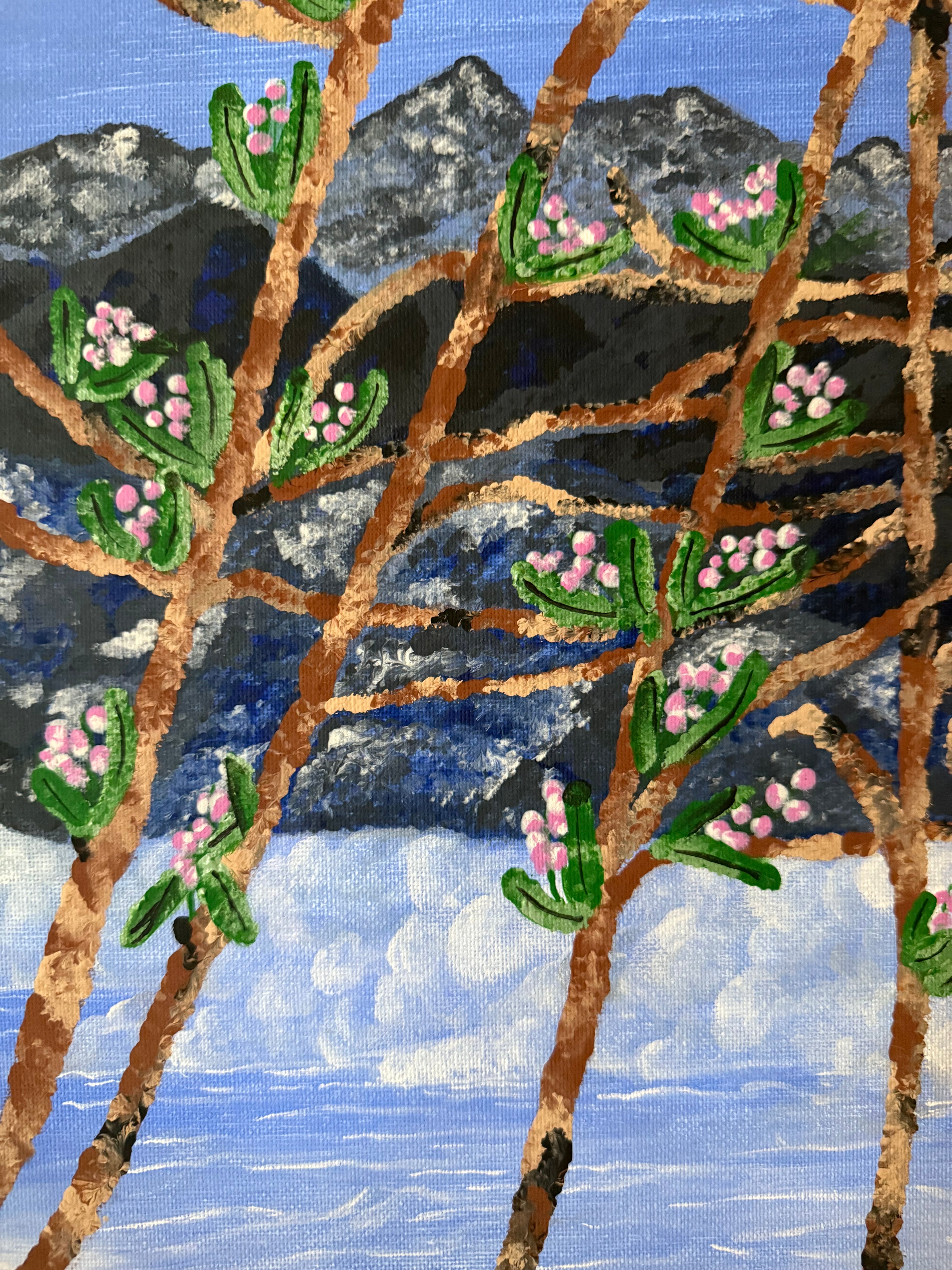 close-up of botanical branch painting inspired by alpine scenery