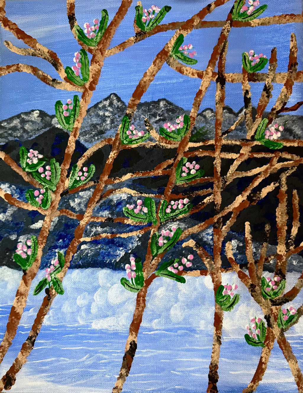 hand-painted 11x14 canvas featuring spring-inspired abstract branches