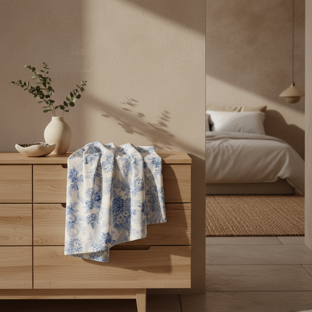 Wooden dresser with a blue vintage style blanket and decorative items in a bedroom setting.