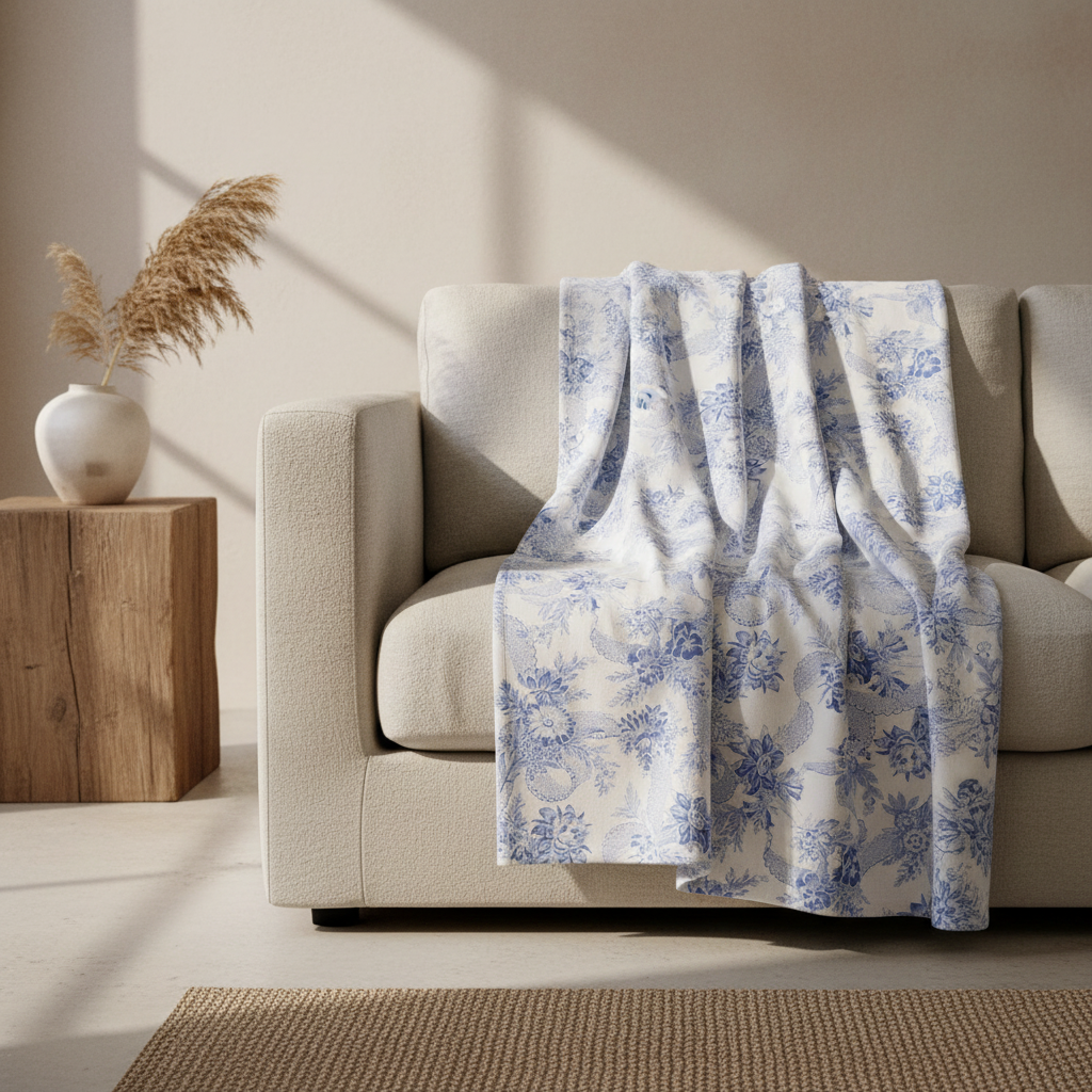 Beige sofa with a antique blue floral throw blanket in a bright living room.