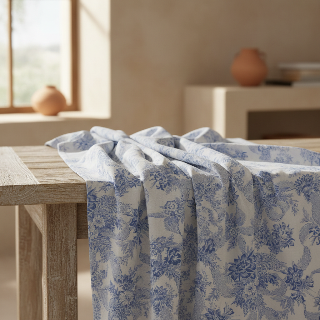 vintage blue floral blanket on a wooden table with a neutral background