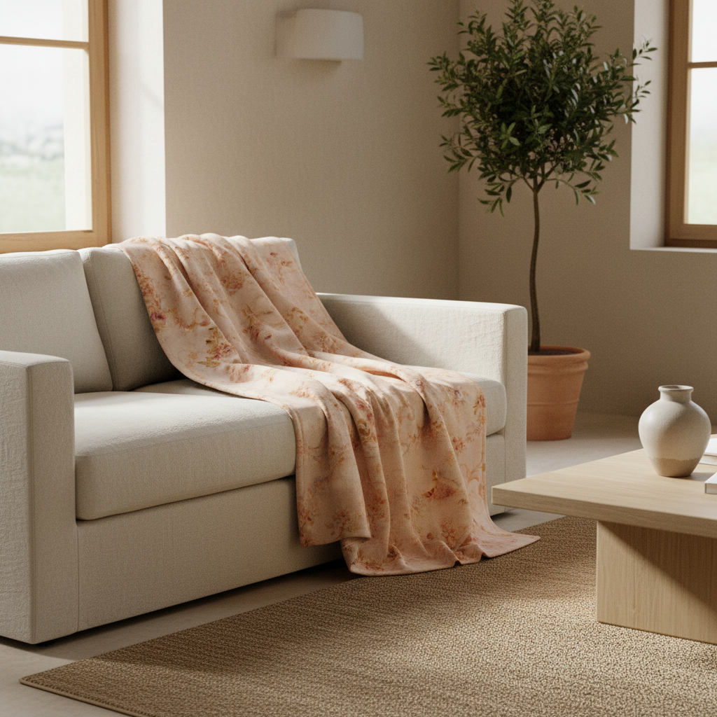 Beige sofa with antique floral throw blanket in a living room setting with a plant and coffee table.