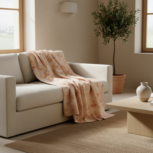 Beige sofa with antique floral throw blanket in a living room setting with a plant and coffee table.