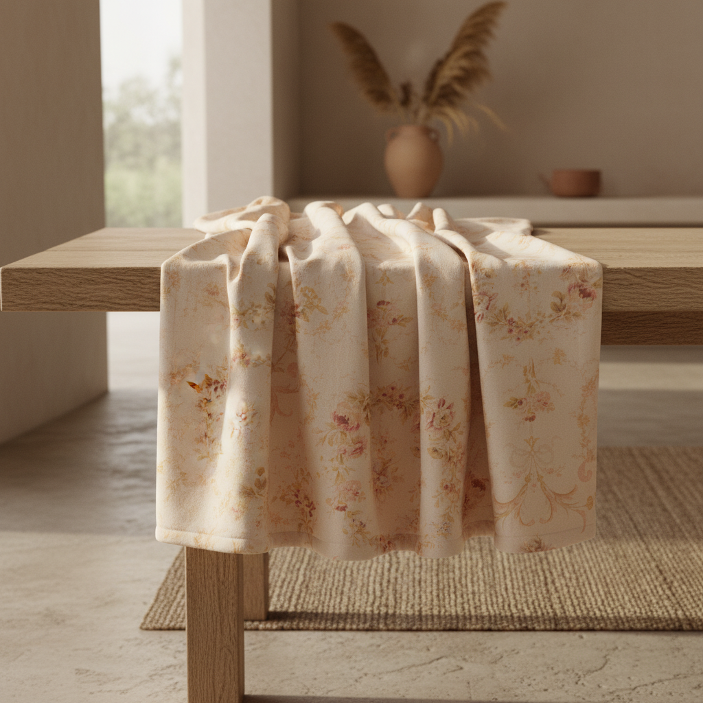 orange botanical blanket on a wooden table with a neutral background