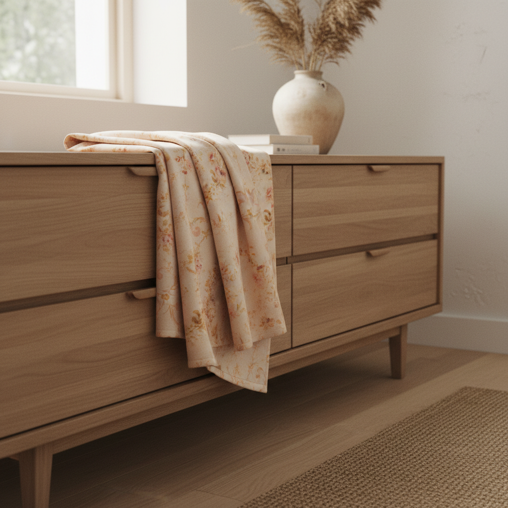Wooden dresser with antique botanical throw in a room with natural light.