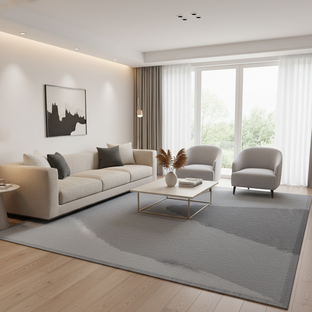 Modern living room with beige sofa, gray rug, and large windows.