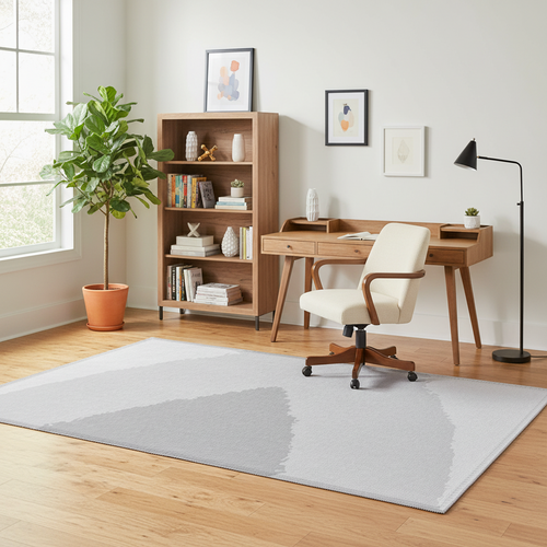 Home office with wooden desk, grey abstract area rug, bookshelf, and chair in a bright room.