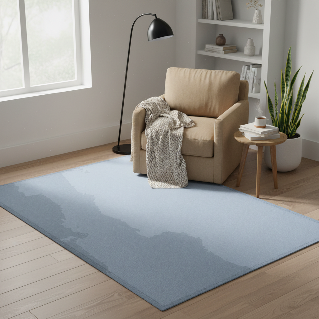 Living room with a beige armchair, blue rug, and a floor lamp.