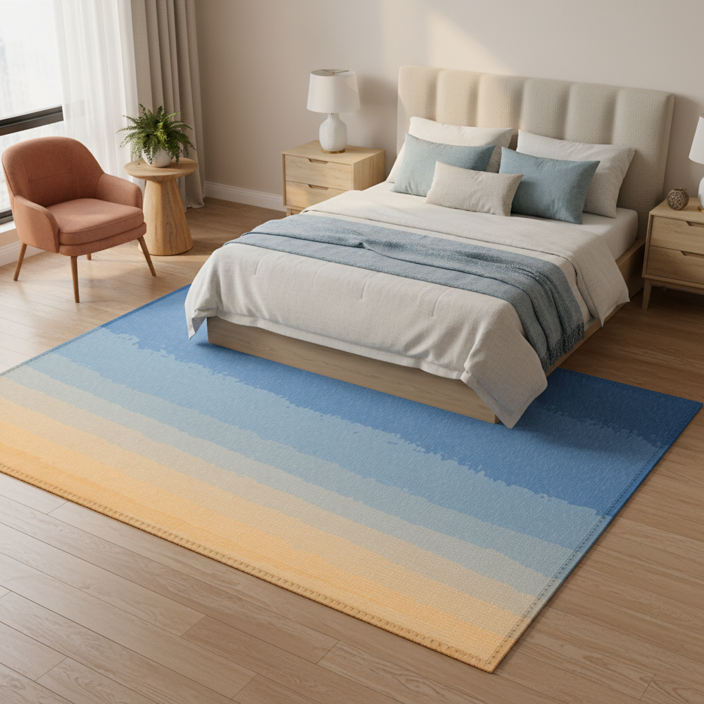 colorful area rug under a bed