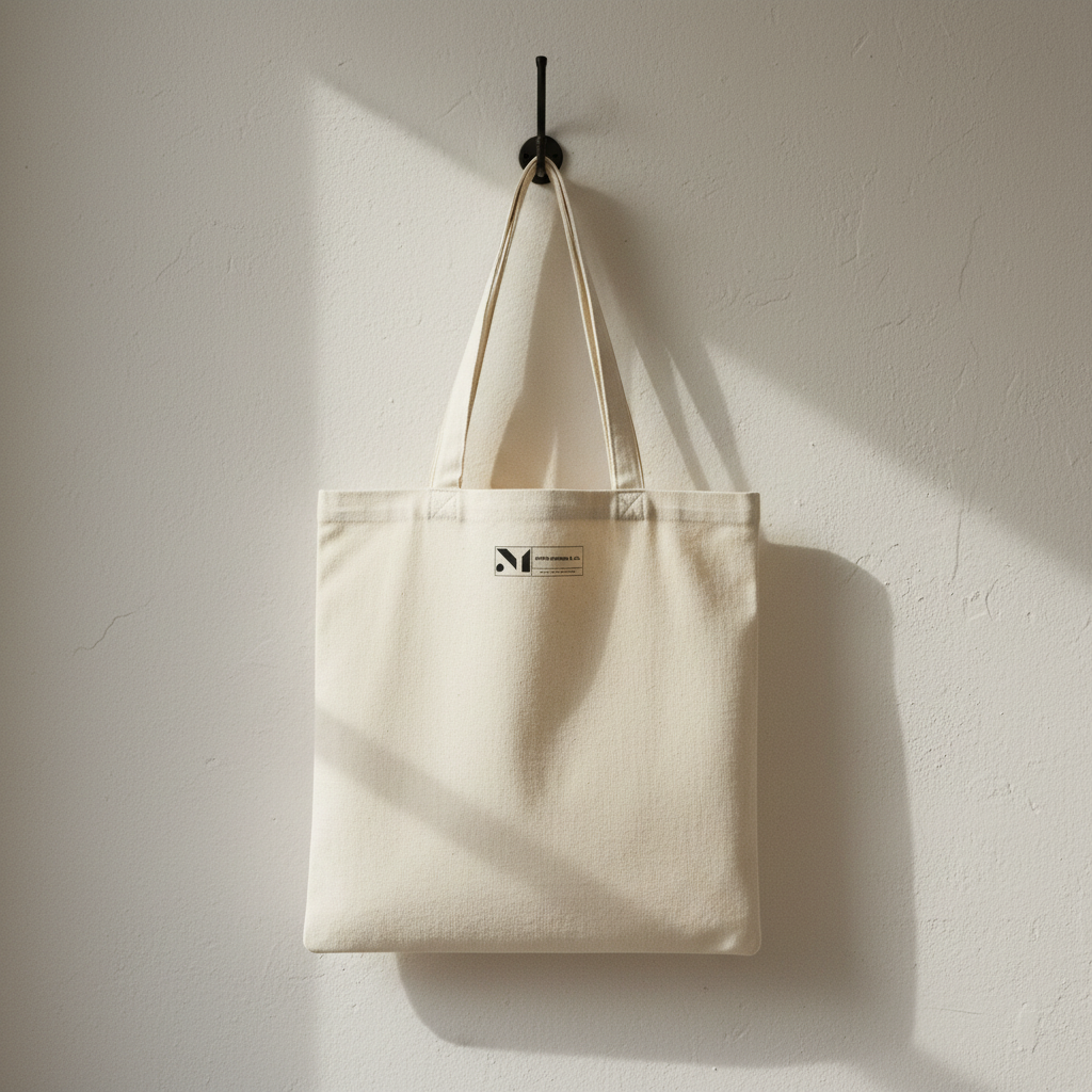 back view of natural color open top tote bag with a logo hanging on a white wall