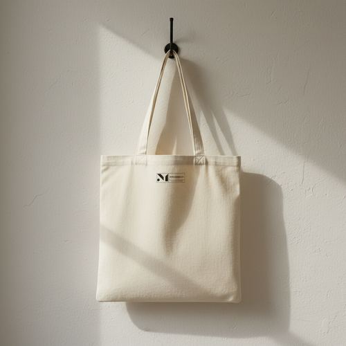 back view of natural color open top tote bag with a logo hanging on a white wall