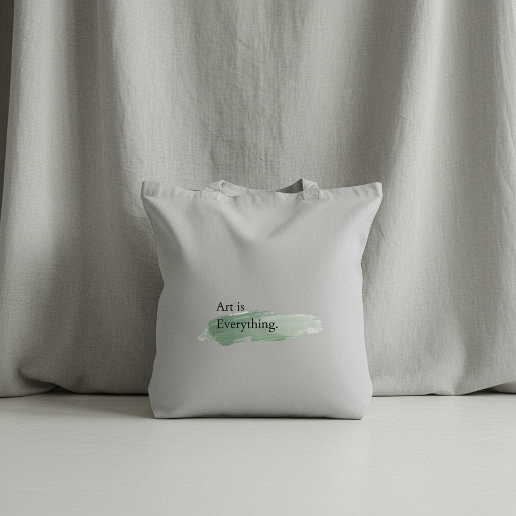 Gray open top tote bag with 'Art is Everything' text and green design on a gray background