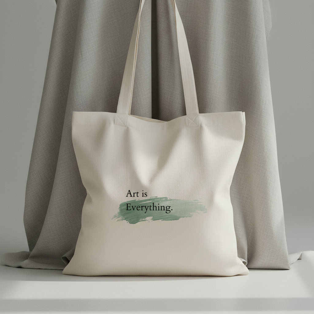 open top tote bag with 'Art is Everything' text on a gray fabric background