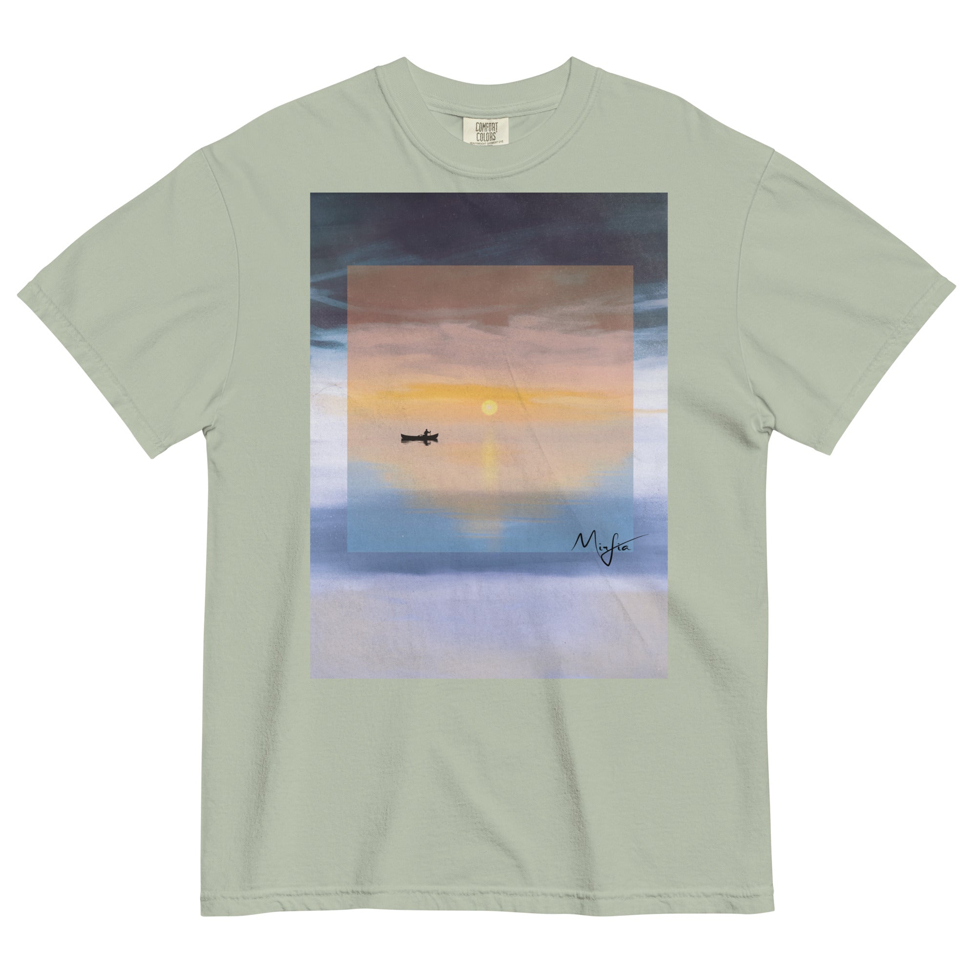 contemporary graphic t-shirt with reflective water sunset art 