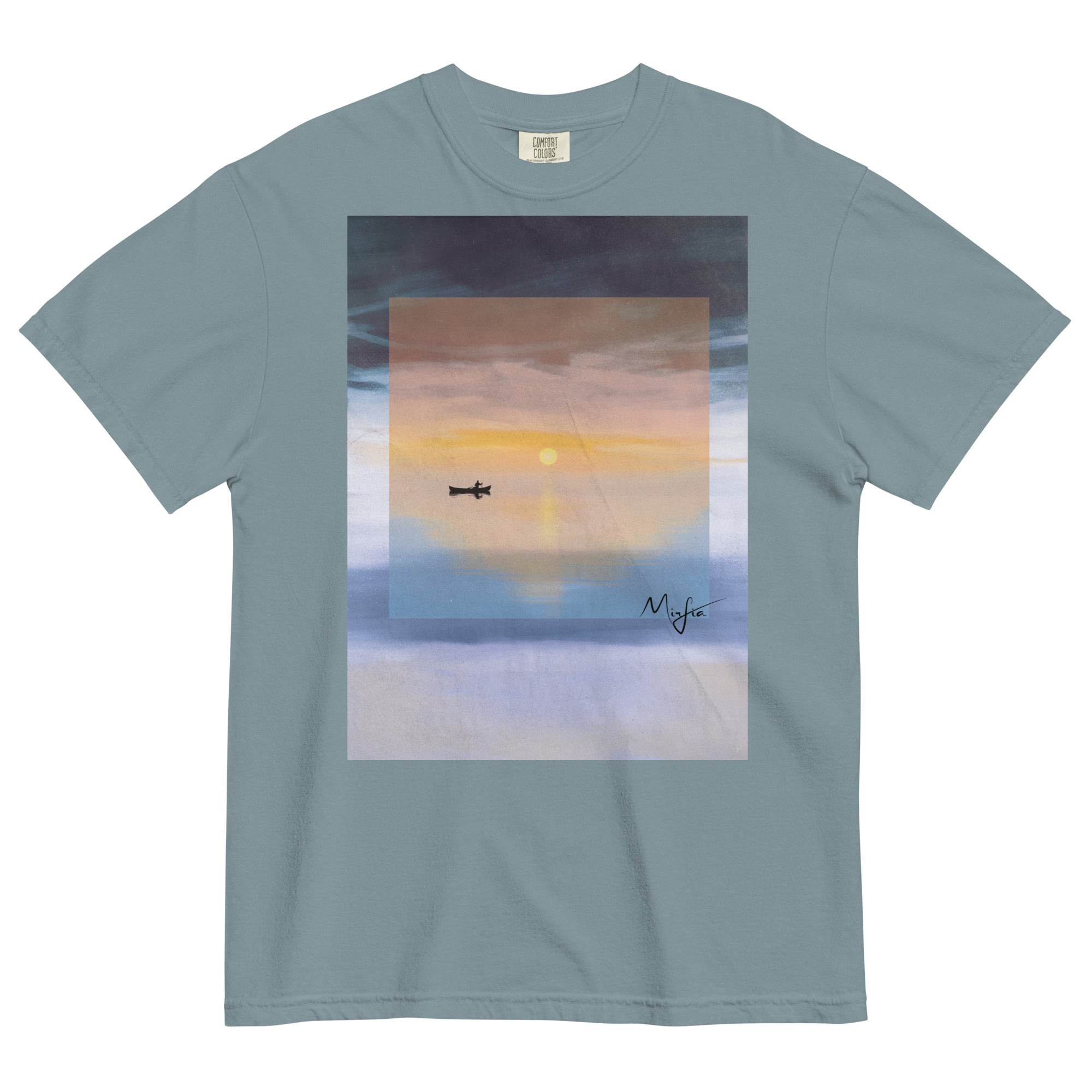 modern art inspired sunset illustration on garment dyed t-shirt 