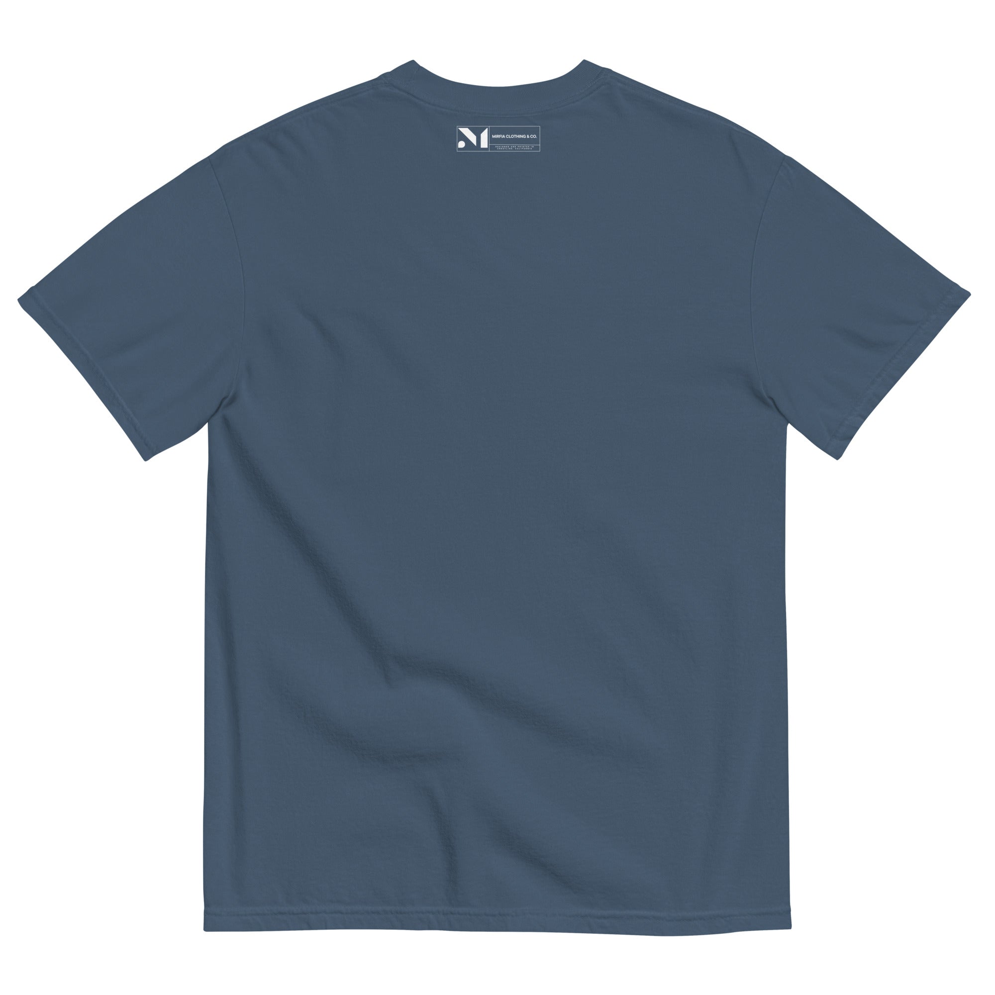 back view of heavyweight garment dyed graphic t-shirt with label
