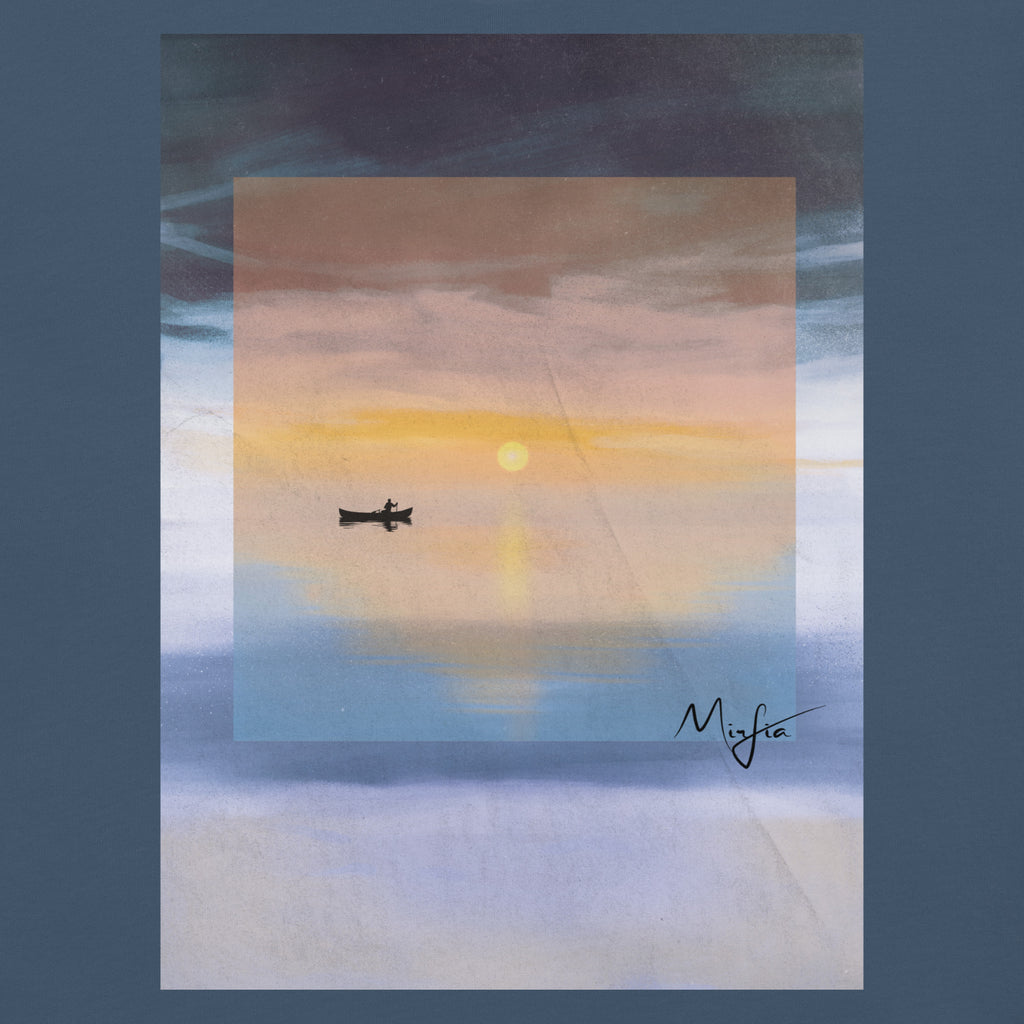 detail of sunset graphic t-shirt with reflective lake illustration