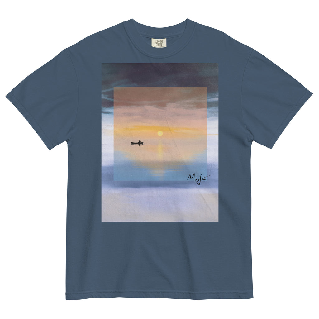 heavyweight garment dyed t-shirt featuring sunset scenery