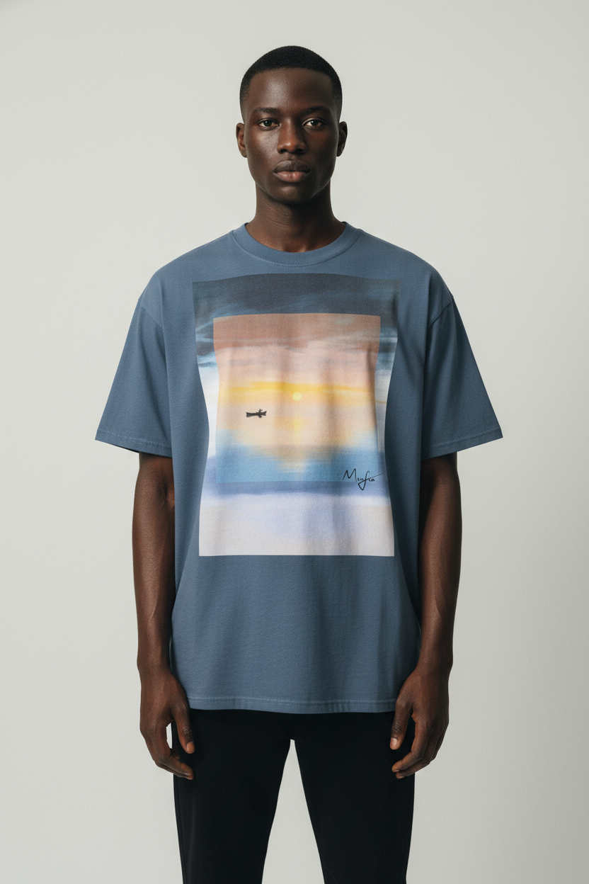 male model wearing a blue t-shirt with a sunset graphic design