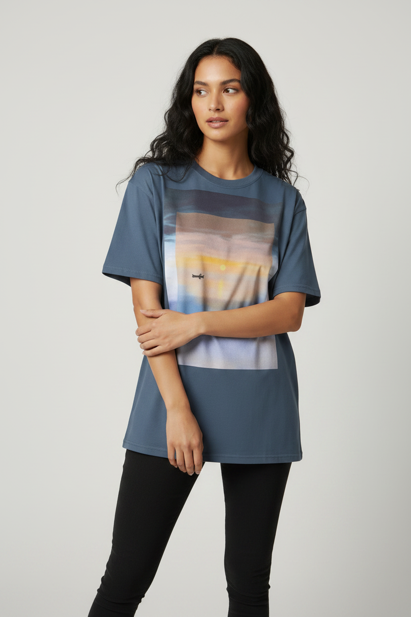 female model wearing midnight blue sunset art t-shirt