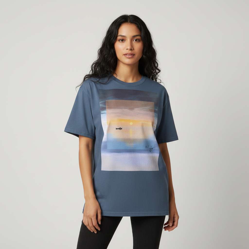 model wearing atmospheric sunset art t-shirt with canoe landscape artwork
