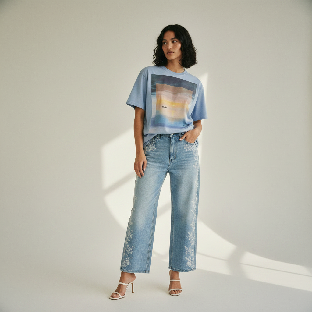model wearing atmospheric sunset art t-shirt with canoe landscape artwork