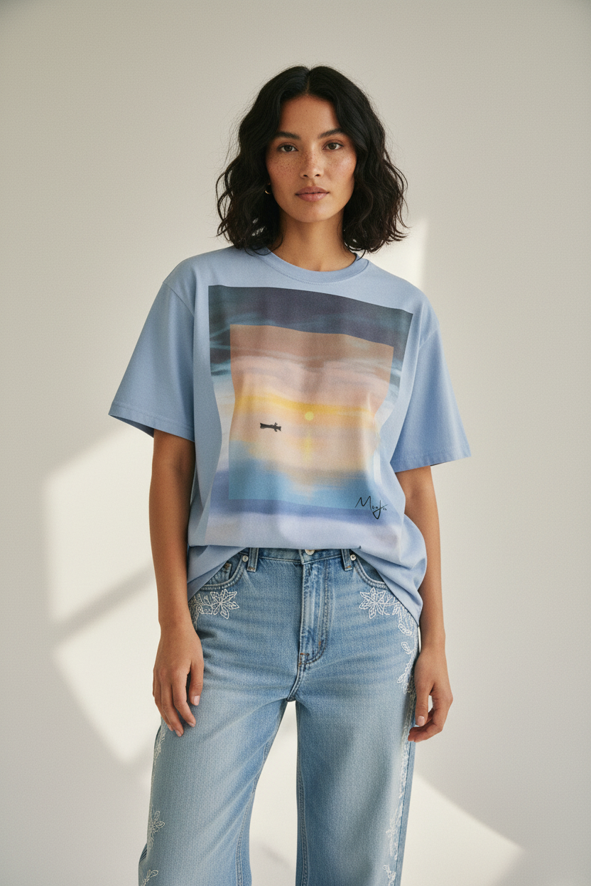female model wearing midnight blue sunset art t-shirt