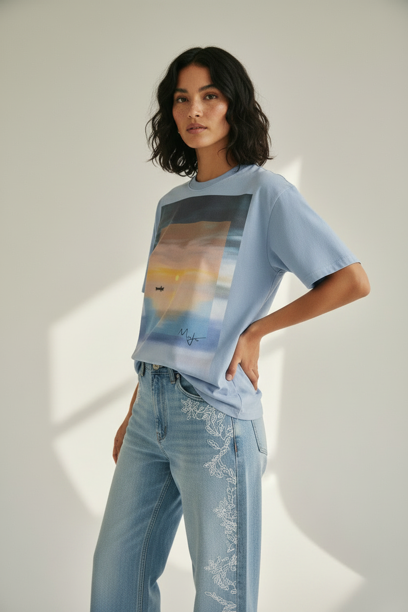 side view of model wearing contemporary landscape art printed graphic t-shirt 