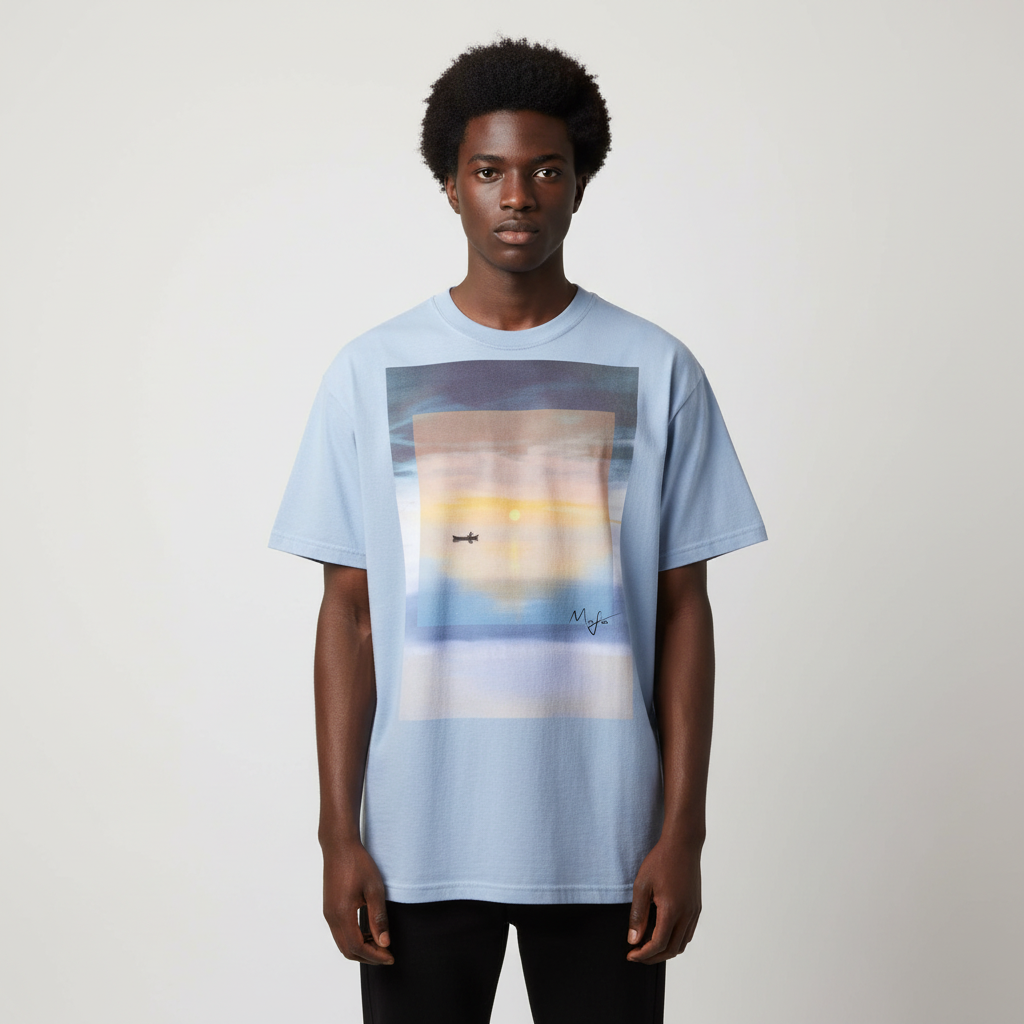 model wearing contemporary landscape art printed graphic t-shirt 